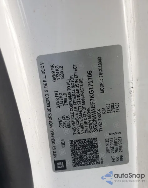 2019 Chevrolet Silverado C1500 из США, поврежденный, VIN 3GCNWAEF7KG171706